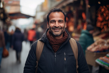Portrait of a handsome man with a beard and mustache on the background of a street marketの素材