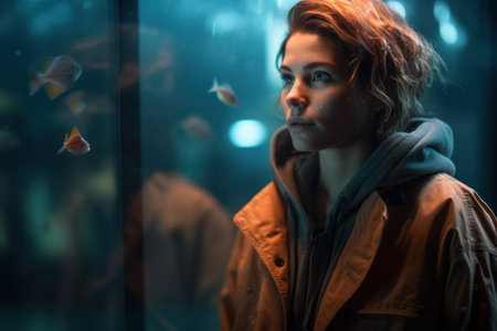 Portrait of a young woman looking at the aquarium with fish.の素材