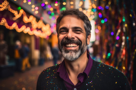 Handsome middle age man with colorful lights in the background.の素材
