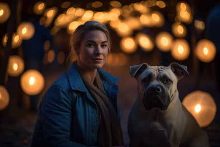 Young woman with her dog on the street at night. Selective focus.の素材
