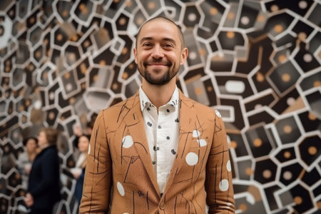 Portrait of a handsome young man with a beard in a jacket on the background of a mosaic wallの素材