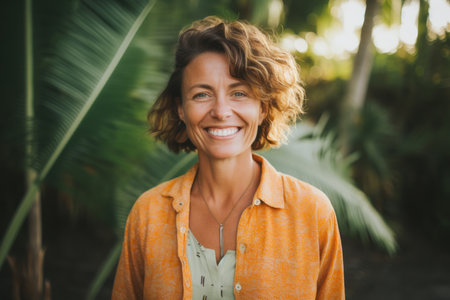 Portrait of smiling woman standing in tropical garden with palm trees in backgroundの素材