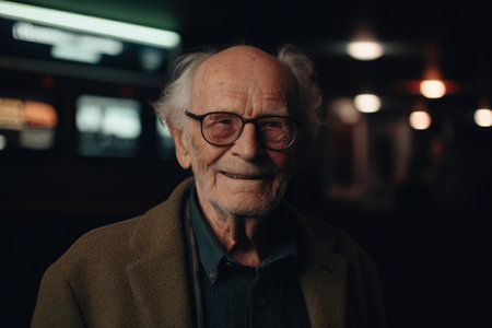 Portrait of an old man with glasses in a dark room.の素材