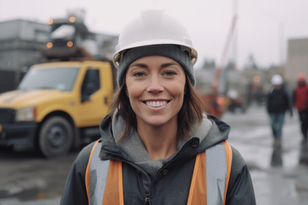 Portrait of a smiling female construction worker standing in front of the craneの素材
