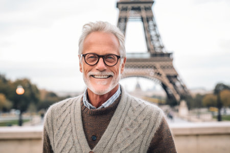 Portrait of smiling senior man with eyeglasses looking at camera in Parisの素材