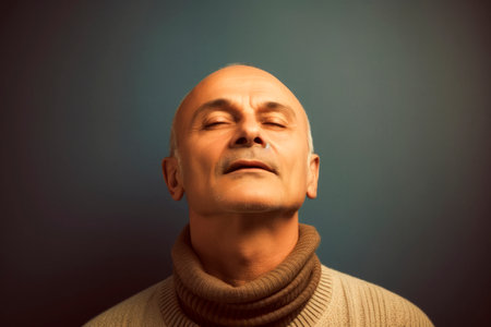 Portrait of a bald man in a warm sweater against a blue backgroundの素材