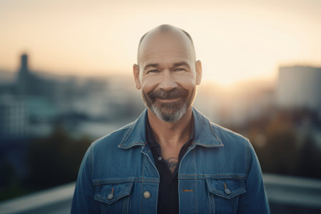 Portrait of a mature man in a denim jacket against a background of the cityの素材