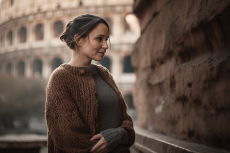 Young beautiful girl in a beige sweater against the background of the Colosseum in Rome.の素材