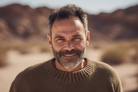 Portrait of a smiling middle-aged man in a knitted sweater in the desertの素材