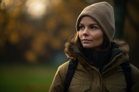 Beautiful young woman walking in the park on a cold autumn dayの素材