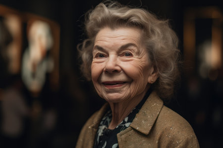 Portrait of a smiling senior woman in the museum. Portrait of an elderly woman.の素材