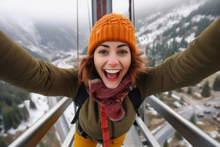 Young woman with winter hat and scarf taking selfie on the bridge in the mountainsの素材