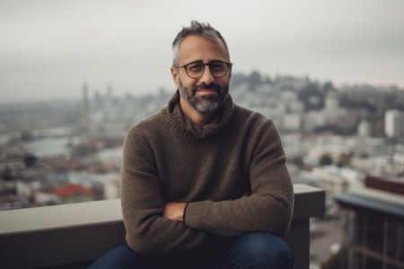 Handsome bearded middle-aged man in eyeglasses and sweater sitting on a balcony with city viewの素材