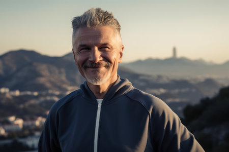 Portrait of a smiling senior man standing in front of a panoramic view of the cityの素材