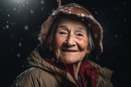Portrait of a smiling senior woman in winter hat and jacket.の素材