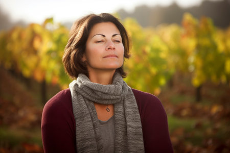 Close up portrait of a beautiful woman in the autumn park with her eyes closedの素材
