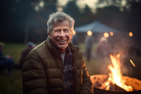 Portrait of happy senior man sitting near bonfire at campsiteの素材