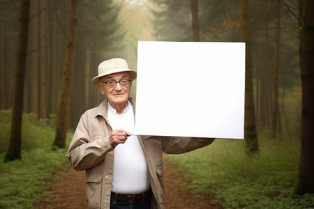 Elderly man holding a blank sign in the forest, copy spaceの素材