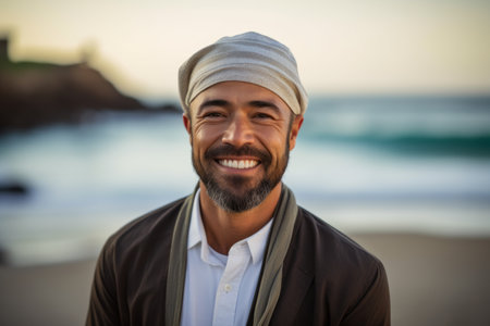 Portrait of smiling arabian man at the beach during sunsetの素材