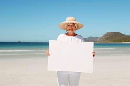 Senior woman holding a blank sheet of paper on the beach at the day timeの素材