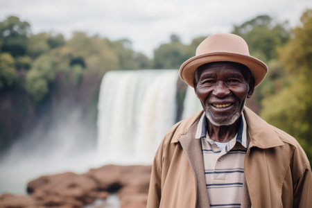 Portrait of smiling senior man with hat standing in front of waterfallの素材