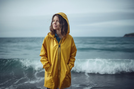 Young woman in yellow raincoat standing on the seashore.の素材