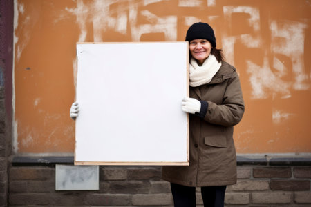 Portrait of a young woman with a white board in the cityの素材
