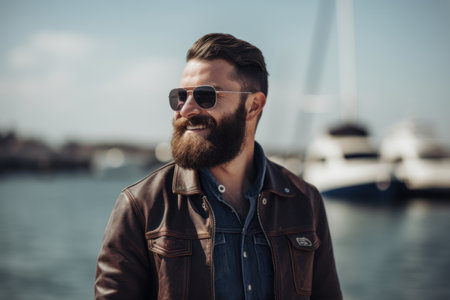 Portrait of a handsome bearded man in sunglasses on the background of yachts.の素材