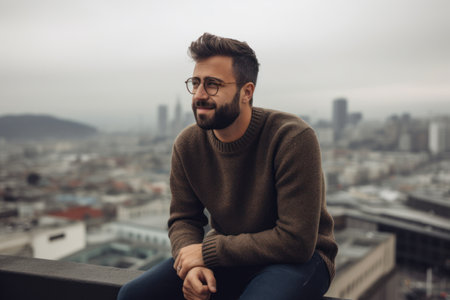 Young handsome bearded man in eyeglasses sitting on roof and looking at cityの素材