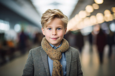 Portrait of a cute little boy wearing coat and scarf at the airportの素材