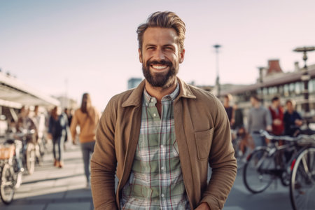 Handsome young man in casual clothes is smiling and looking at camera while standing outdoorsの素材