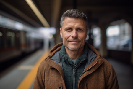 Portrait of handsome mature man standing at the train station, looking at camera.の素材