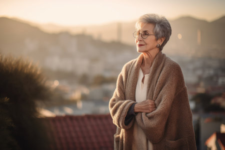 Portrait of a senior woman in a coat against the background of the city.の素材