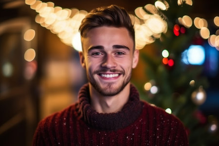 Portrait of a handsome young man standing in the street at Christmas time.の素材