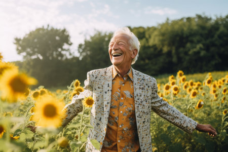 Happy senior man in the sunflower field. Elderly people.の素材