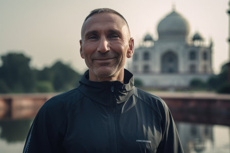 Handsome middle-aged man in sportswear standing in front of Taj Mahal in Agra, Indiaの素材