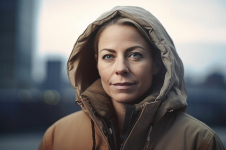 Portrait of beautiful mature woman in warm jacket looking at camera outdoorsの素材