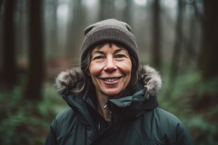 Portrait of a smiling middle-aged woman in the forest.の素材