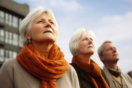 Portrait of three senior women standing in a row and looking upの素材