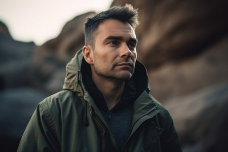 Portrait of a handsome man in a green raincoat in the mountainsの素材