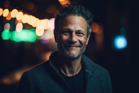 Portrait of a smiling middle-aged man in the city at nightの素材