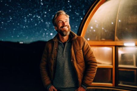 Portrait of a handsome smiling man standing in front of a large window at night.の素材