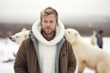 Portrait of a young man with a white polar bear in winterの素材