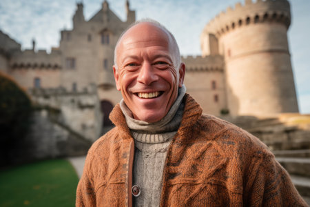Portrait of a happy senior man in front of a medieval castleの素材