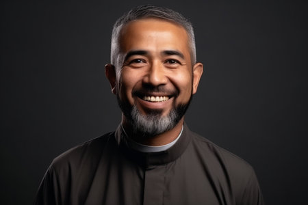 Portrait of a smiling asian priest on a black background.の素材