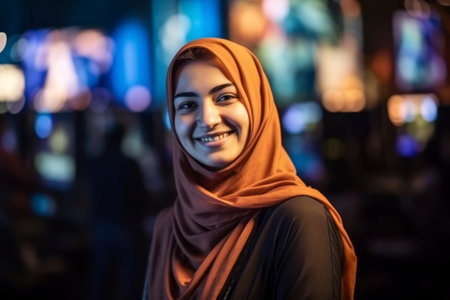 Portrait of beautiful young muslim woman with hijab smiling at nightの素材