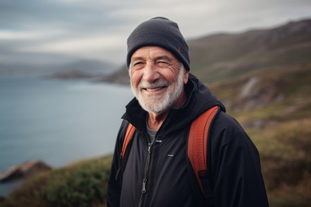 Portrait of happy senior man with backpack standing on top of mountain and looking at cameraの素材