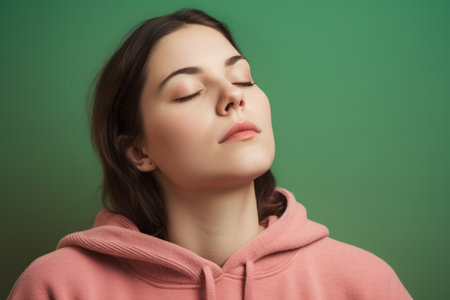 Young woman in pink hoodie with closed eyes on green background.の素材