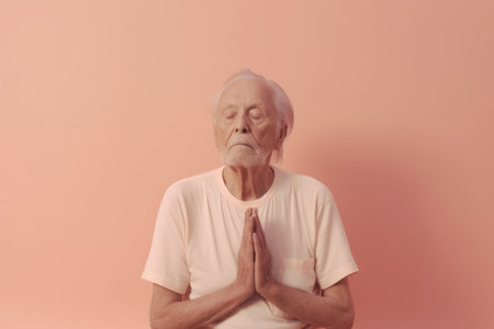 Portrait of senior Asian man praying and meditating on pink backgroundの素材
