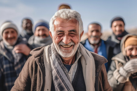Portrait of a senior man with his friends in the background.の素材